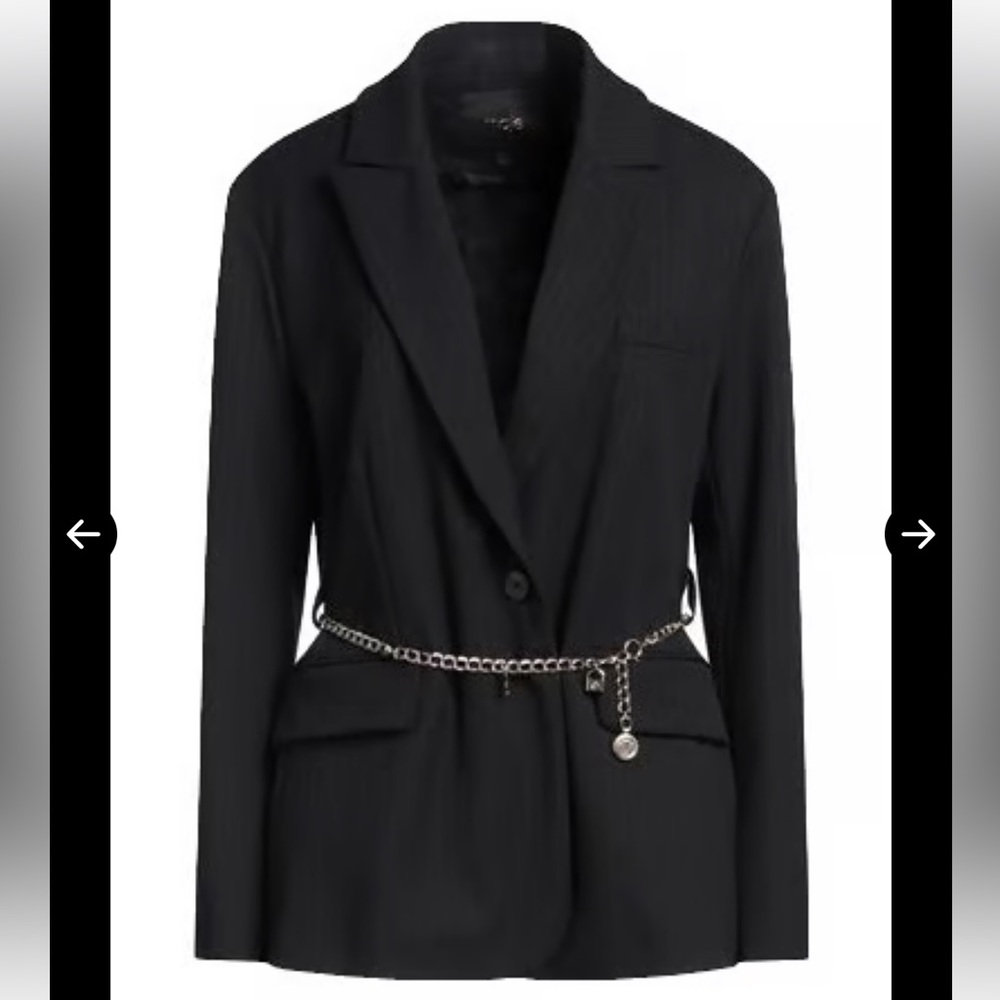 Maje Black Pinstripe Twill Blazer with Chain Accent
